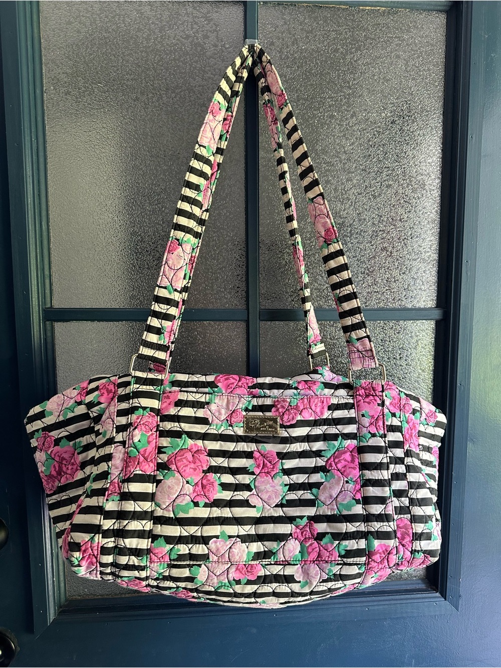 Betsey Johnson Black & White Striped Weekender Duffle Bag with Pink Floral Print